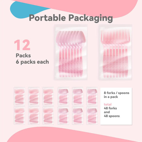 Pink Heavy Duty Disposable Plastic Forks And Spoons Set 96 Piece Portable Party Silverware Pack shown in packaging layout