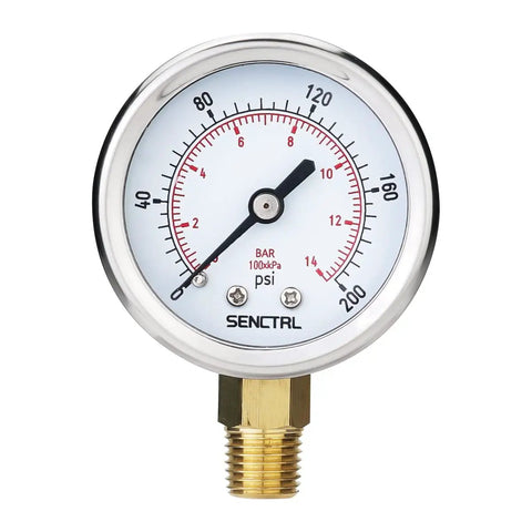 200 Psi Pressure Gauge With 2 Inch Dial, 1/4 NPT Lower Mount, Built To Last Waterproof Stainless Steel Case, IP67 Certified