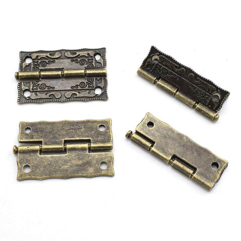 Antique Engraved Latch Hasp Hinges And Box Corner Protectors Hardware Kit, vintage bronze zinc alloy, four rectangle hinges shown