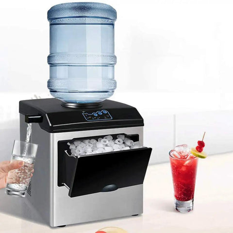Portable Countertop Ice Maker Pumping Out 55 Lbs Of Irresistible Chewable Bullet Ice Daily Featuring A Sweet Two In One Water Jug Setup That Runs On Low Noise For Chill Home Office Routines with water jug and ice in glass.
