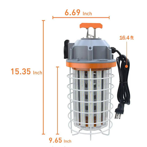 Beefy 150W LED Temporary Work Light IP64 Portable Linkable 24250 Lumens 5000K Daylight shown with dimensions and cord