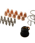 Pro Grade Plasma Cutter Consumables Kit 24-Piece For 95136 97994 91814 PK48 Razorweld CUT 45 S45 Torch Includes PR0110 Electrode And PD0116 Tip With Electrodes Cups Bracket Parts Replacement Set showing components arranged