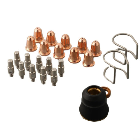 Pro Grade Plasma Cutter Consumables Kit 24-Piece For 95136 97994 91814 PK48 Razorweld CUT 45 S45 Torch Includes PR0110 Electrode And PD0116 Tip With Electrodes Cups Bracket Parts Replacement Set showing components arranged