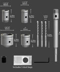 Rock Solid Concrete Hole Saw Kit 11 Piece Set Featuring Sds Plus Shank And Tungsten Carbide Tips 30Mm 40Mm 50Mm 65Mm sizes with accessories.