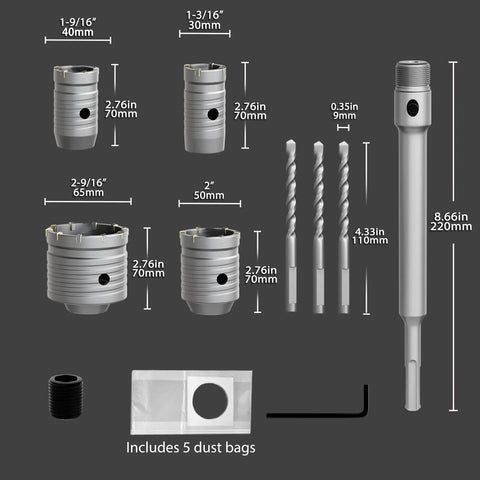 Rock Solid Concrete Hole Saw Kit 11 Piece Set Featuring Sds Plus Shank And Tungsten Carbide Tips 30Mm 40Mm 50Mm 65Mm sizes with accessories.