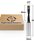 Straight Shooter 1/4 Inch Brad Point Boring Bit 10mm Shank Carbide Tipped on wood block with hole and dimensions visible.