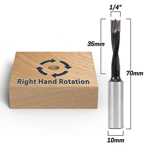 Straight Shooter 1/4 Inch Brad Point Boring Bit 10mm Shank Carbide Tipped on wood block with hole and dimensions visible.
