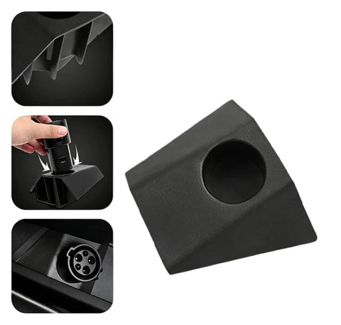 Superior Charging Adapter Storage Box For Tesla Cybertruck Cable Hanger Dock Rock Solid Center Console Organizer view showing secure black plastic dock holder.