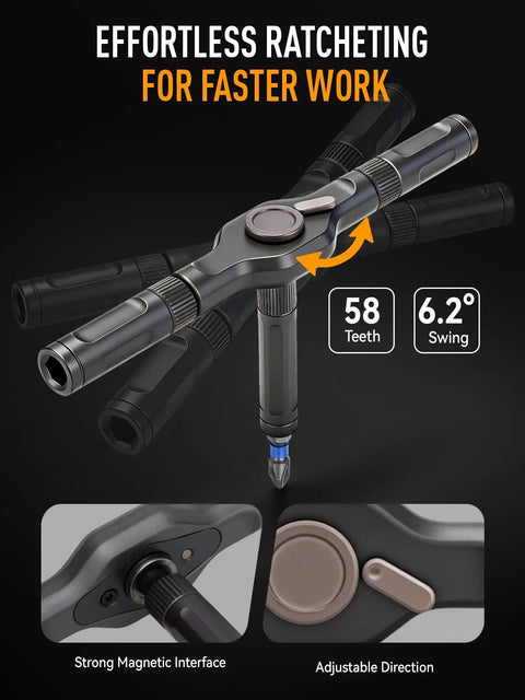 68 In 1 Magnetic Ratchet Screwdriver Set With T Handle And S2 Steel Bits, showing T-handle and magnetic interface, ideal for repairs.