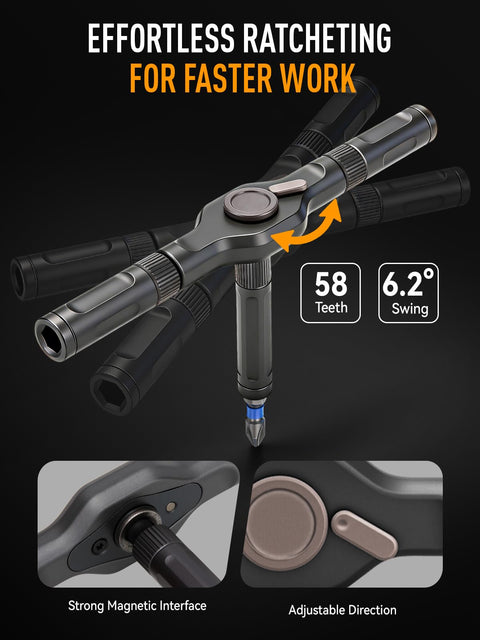 68 In 1 Magnetic Ratcheting Screwdriver Kit with Detachable T Handle showing 58 teeth and adjustable direction feature