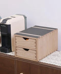 Double Tier Wooden Coffee Maker Stand With Pull Out Storage Drawer For K Cups And Capsules Countertop Brew Organizer Rack next to coffee machine.