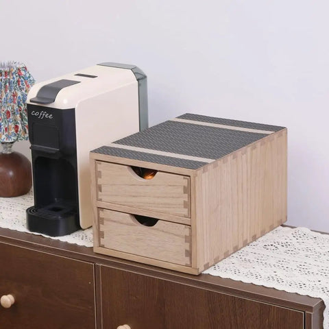 Double Tier Wooden Coffee Maker Stand With Pull Out Storage Drawer For K Cups And Capsules Countertop Brew Organizer Rack next to coffee machine.