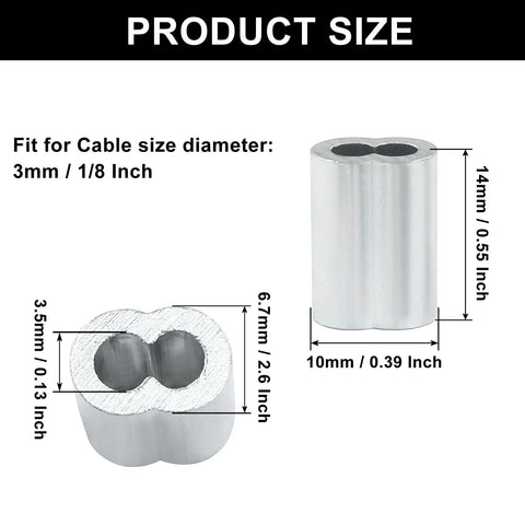 One Eighth Inch Aluminum Wire Rope Crimp Sleeves Set, Double Barrel Cable Crimps for One Eighth Inch Wire, 120 Pieces, Pro Grade Premium Aluminum Alloy, Durable, Easy Install, Heavy Duty Cable End Sleeves for DIY and Marine, size chart