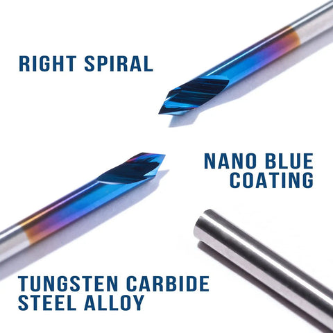 Three Piece V Bit Set Pro Grade 0.1mm 2 Flute Upcut Spiral CNC Router Bits 1/8 Inch Shank Nano Blue Coating