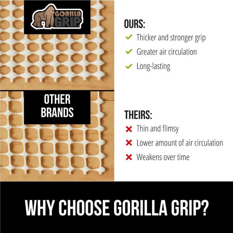 Image comparing thicker grip of Extra Strong Rug Pad Gripper That Keeps Rugs From Moving On Tile Or Hardwood Floors with other brands.