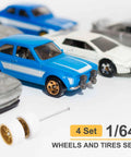 Four Pack One Sixty Fourth Scale Wheels And Tires Set With Real Riders Rims In White With Gold Seven Spoke Design Includes Axles For RC Diecast Cars And DIY Models Eleven X Five Point Two Millimeter Upgrade Kit For Custom Builds next to toy cars