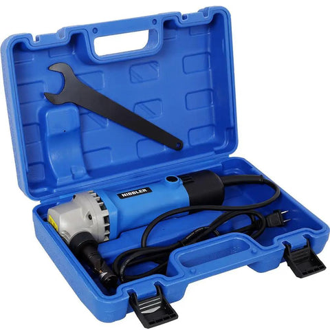Lmaoss 500W Electric Sheet Metal Nibbler Cutter With 2000Rpm High Speed For Steel Aluminum And 16 Gauge Thick Metal in blue case with wrench.