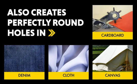 Image showing different materials like cardboard, denim, cloth, and canvas that can be punched with Beefy Revolving Punch Pliers Set.