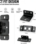 Heavy Duty Corner Brackets With Anti Slip Inserts For Cabinets Tables And Drawers Black 1.2mm Cold Rolled Steel 20 Pack Screws Included 2 In 1 Locking Brackets And Anti Slip Connectors For Rock Solid Furniture Joints showing various angles and dimensions of the brackets