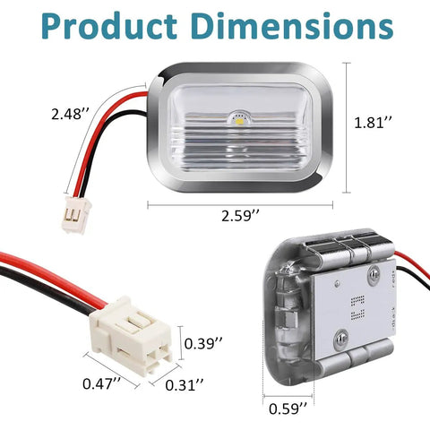 Dimensions and details of Refrigerator LED Light Module Kit 2 Pack With Chrome Frame For KitchenAid, showing size and connectors.