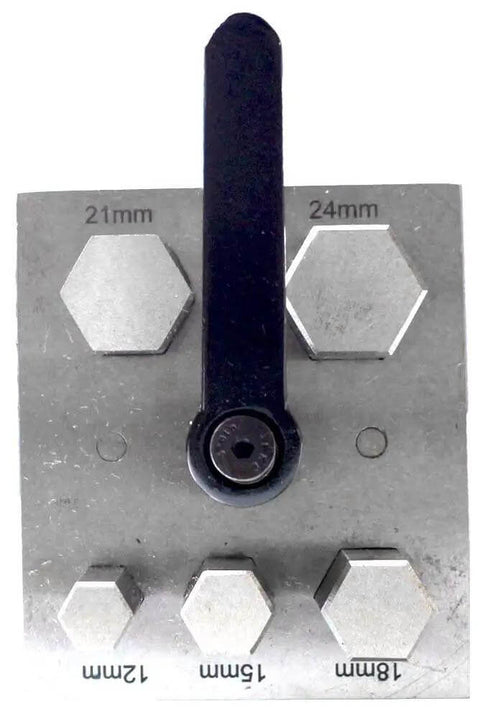 Hexagonal Sheet Metal Cutter Set With Ergonomic Handle, Five Precisely Sized Cutters In 10.5mm, 13mm, 15.7mm, 18.3mm, and 21mm