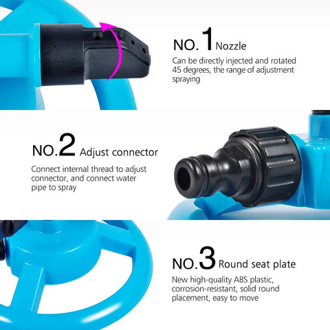 Close-up of Automatic Lawn Sprinkler For Large Yards, ABS Plastic Rotary Sprinkler with adjustable nozzle and connectors