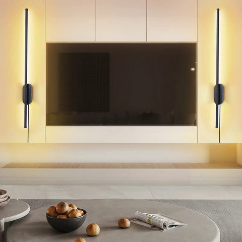Set Of Two Black Matte Plug In Wall Sconces With Cord Switch LED Linear Wall Lights Sleek Slim Design Dimmable Three Color Temperature Indoor Outdoor Use Modern Home Lighting For Living Room Hallway