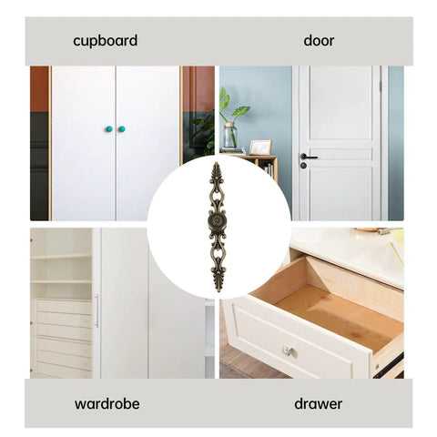 Antique Bronze Cabinet Pulls 6.88 Inch Zinc Alloy Wardrobe Drawer Handles Vintage Carved Hardware displayed in home settings