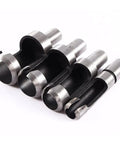 Built Tough Heavy Duty Eight Piece Wood Plug Cutter Set Forged From Premium Carbon Steel showing four tapered cutting heads.