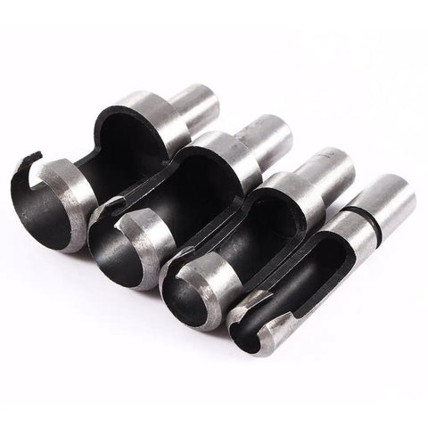 Built Tough Heavy Duty Eight Piece Wood Plug Cutter Set Forged From Premium Carbon Steel showing four tapered cutting heads.