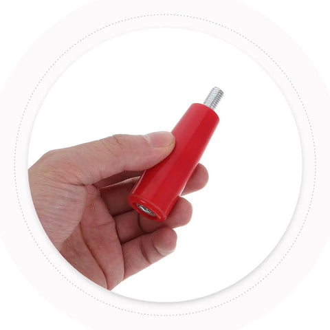Durable 2-Piece M10x80 Revolving Crank Handle For Lathe And Milling Machines With Smooth Red Bakelite Grip And Iron Build For Heavy Duty Shop Work And Industrial Use That Makes Your Grinding Game Stronger, held in hand.