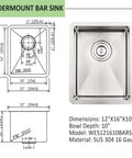 Diagram of Undermount 12 By 16 Inch Stainless Steel Bar Sink For Wet Bar And Outdoor RV Use 16 Gauge Kitchen Sinks With Bottom Grid Drain Included