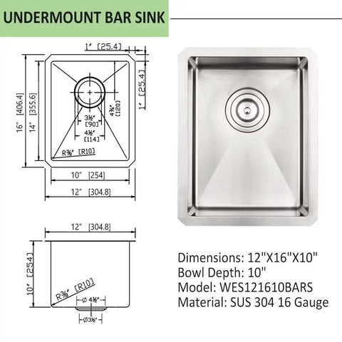 Diagram of Undermount 12 By 16 Inch Stainless Steel Bar Sink For Wet Bar And Outdoor RV Use 16 Gauge Kitchen Sinks With Bottom Grid Drain Included