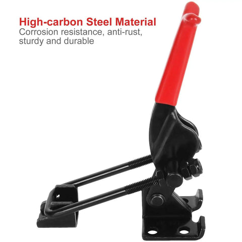 Close-up of Four Pack Heavy Duty Toggle Clamps With 700 Pound Capacity GH431 showing black high-carbon steel and red vinyl grip.