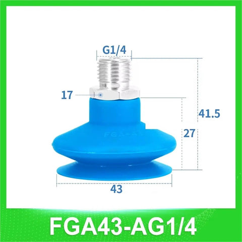 FGA Series Pneumatic Vacuum Suction Cup, Round Nozzle Silicone Double-Layer Design, compact blue pad with measurements.