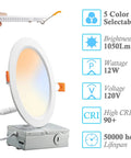 12 Pack 6 Inch LED Recessed Ceiling Lights Dimmable With 5CCT 2700K To 5000K Color Temp Selectable 12W 100W Equivalent 1050 Lumens Ultra Thin Disk Downlight with driver and color temperature options displayed.