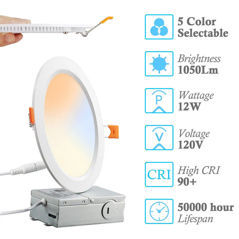 12 Pack 6 Inch LED Recessed Ceiling Lights Dimmable With 5CCT 2700K To 5000K Color Temp Selectable 12W 100W Equivalent 1050 Lumens Ultra Thin Disk Downlight with driver and color temperature options displayed.