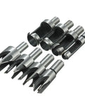 Premium Carpenter Grade 8 Piece Titanium Coated Wood Plug Cutter Drill Bit Set with tapered claw blades on display.