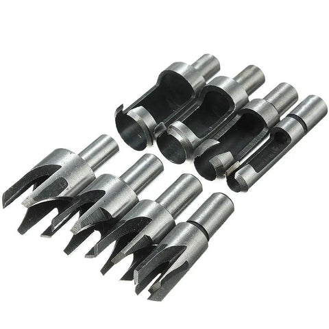 Premium Carpenter Grade 8 Piece Titanium Coated Wood Plug Cutter Drill Bit Set with tapered claw blades on display.