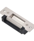 Heavy Duty 12V Electric Strike Lock Built Like A Tank For Ironclad Door Security And Plug And Play Access Control Installation Fits Standard Cylindrical Latch Sets And Entry Doors - stainless steel housing close-up