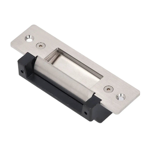 Heavy Duty 12V Electric Strike Lock Built Like A Tank For Ironclad Door Security And Plug And Play Access Control Installation Fits Standard Cylindrical Latch Sets And Entry Doors - stainless steel housing close-up