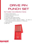 Extra Long Drive Pin Punch Set With Knurled Grip And Protective Vinyl Case shown with specifications on white background