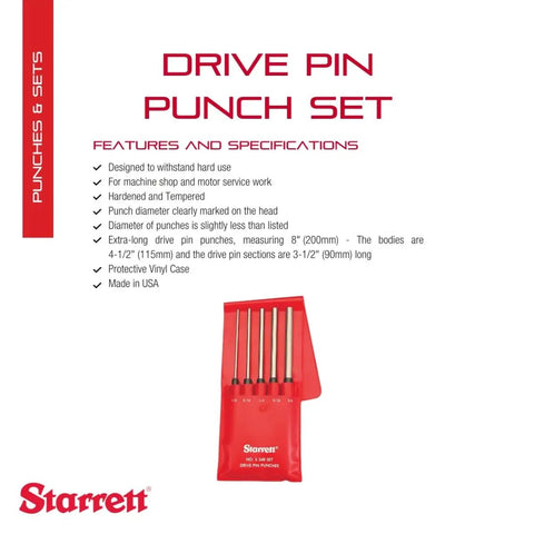 Extra Long Drive Pin Punch Set With Knurled Grip And Protective Vinyl Case shown with specifications on white background
