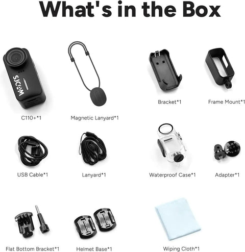 Box contents of 4K Mini POV Action Camera With 170 Degree Ultra Wide Lens 6 Axis Stabilization Waterproof Wearable Helmet Mount
