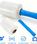 3 Pack Clear Heavy Duty Stretch Wrap Film Rolls With Handles 100 Gauge 5 X 1000 Ft Thick Industrial Plastic Cling Pallet Wrap Built Tough For Moving Shipping And Storage Easy Grip Pro Grade, showing rolls with blue handles.