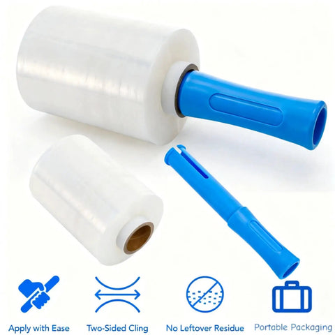 3 Pack Clear Heavy Duty Stretch Wrap Film Rolls With Handles 100 Gauge 5 X 1000 Ft Thick Industrial Plastic Cling Pallet Wrap Built Tough For Moving Shipping And Storage Easy Grip Pro Grade, showing rolls with blue handles.