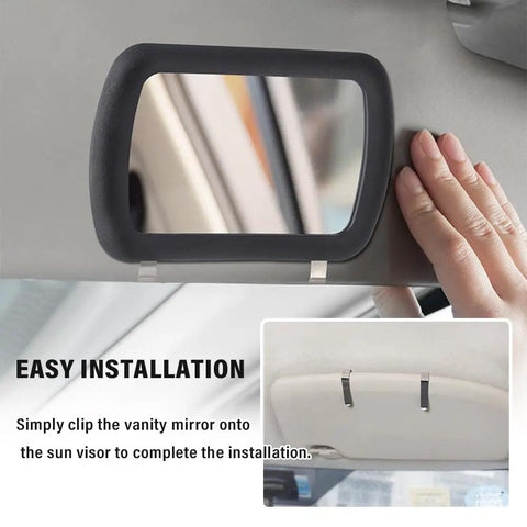 Person installing Clip-On Vanity Mirror For Sun Visor in car showcasing easy installation and clear reflection.