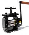 Front view of Manual Jewelry Rolling Mill Machine with 90mm Flat Rollers and 4 to 1 Gear Ratio for DIY Jewelry Making and Metalworking.