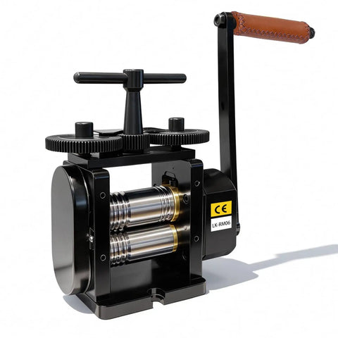 Front view of Manual Jewelry Rolling Mill Machine with 90mm Flat Rollers and 4 to 1 Gear Ratio for DIY Jewelry Making and Metalworking.