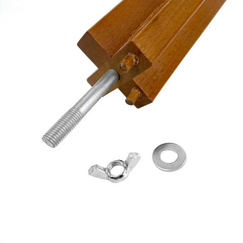 Wooden Katana Stand For Tatami Mats And Cutting Practice, showing close-up of wooden base construction and metal components